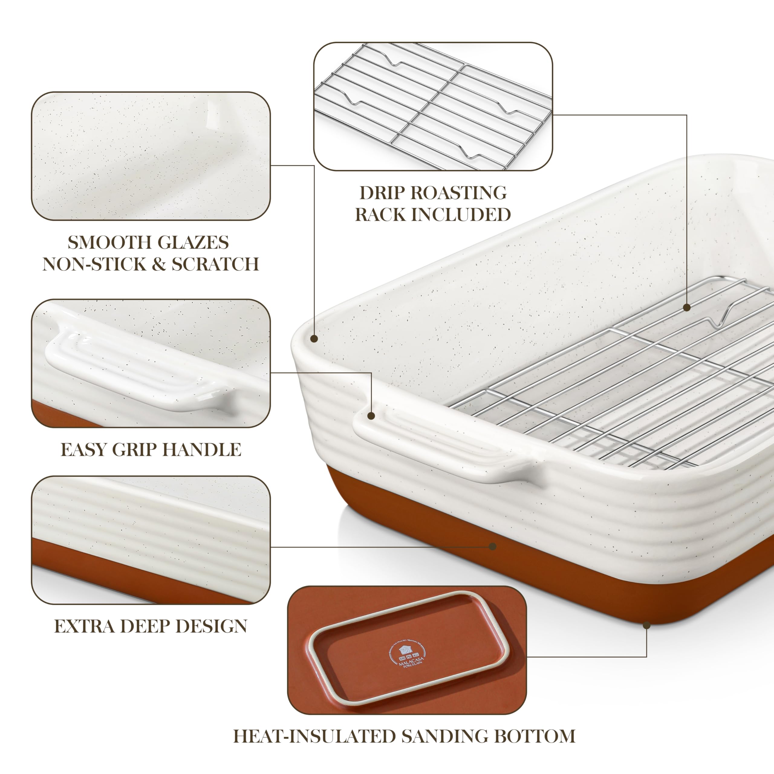 MALACASA Baking Dish with Rack, 4.8 Qt Ceramic Roasting Pan with Stainless Steel Drip Rack, 9x13 Inch Deep Casserole Dish with Handles, Oven Safe Lasagna Pan for Baking & Serving (Khaki & White) - Series Tara