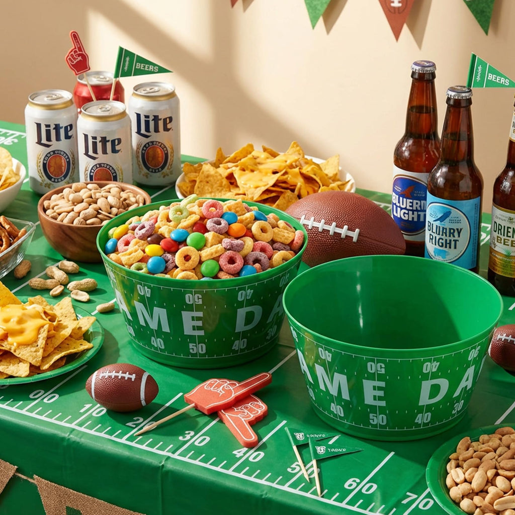 Reallnaive 2 Packs 12" Football Chip and Dip Bowl Game Day Snack Bowls Sports Event Party Plastic Bowls Green and White Reusable Candy Snack Bowl Fruit Candy Holder for Party Supplies Table Decor