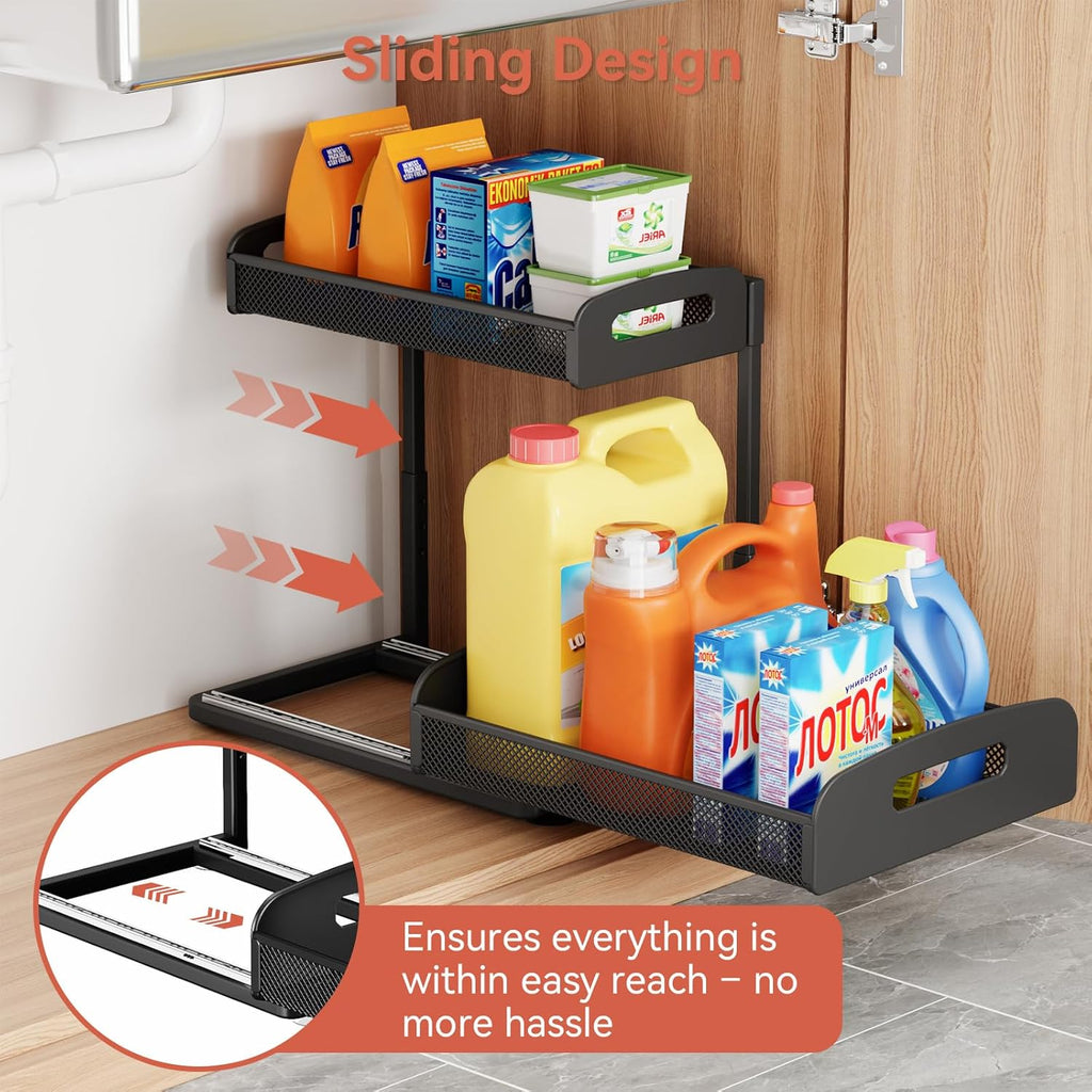 YASONIC Under Sink Organizer - 2 Tier Height Adjustable Metal Cabinet Shelf | Black Storage Solution for Kitchen & Bathroom