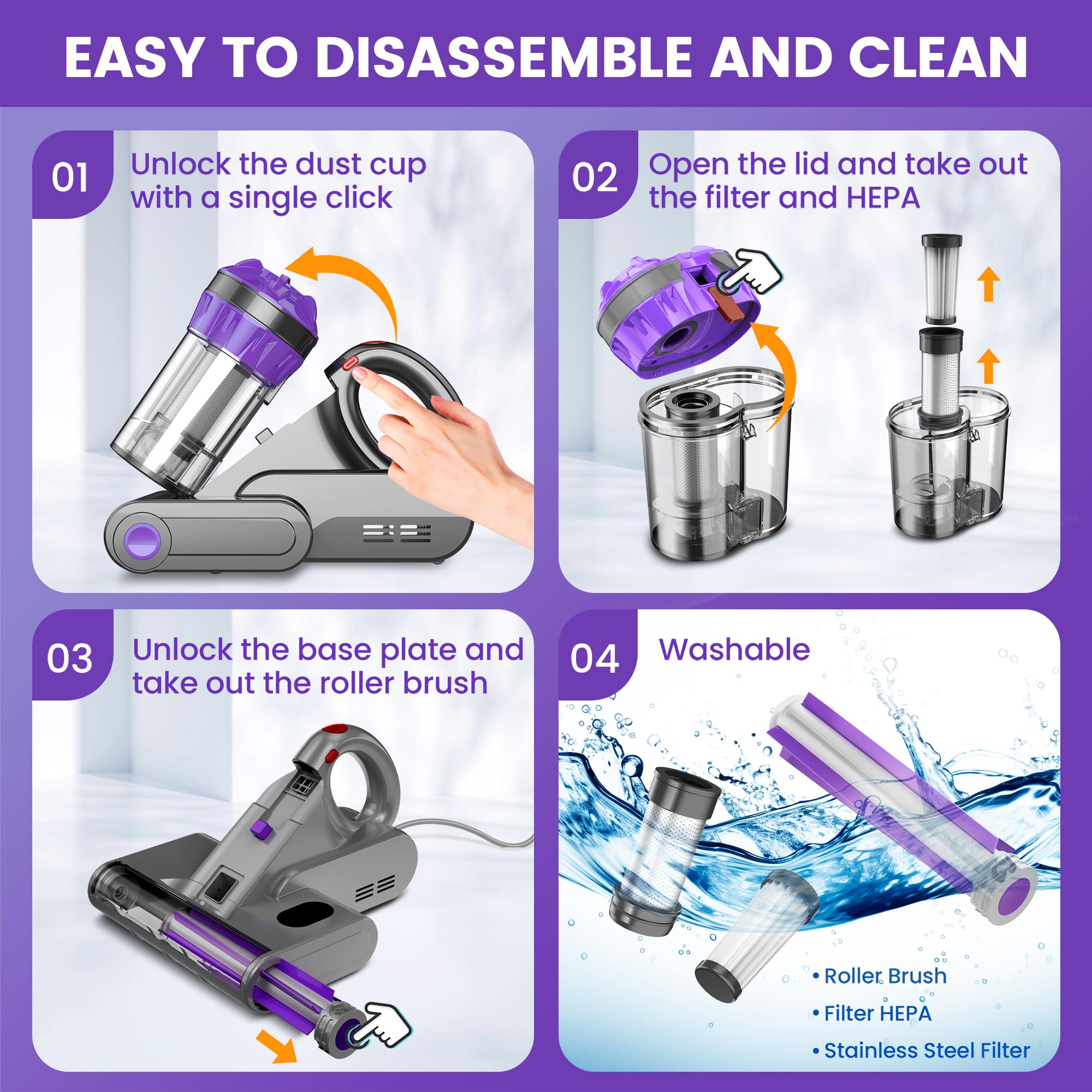 Yassol Mattress Vacuum Cleaner, Handheld Bed Vacuum Cleaner with 16Kpa Suction, 253.7nm UV-C Light, 149℉ Hot Air, Double-Cup Handheld Vacuums for Bed, Sofa, Couch, Crib (Corded, 550W)