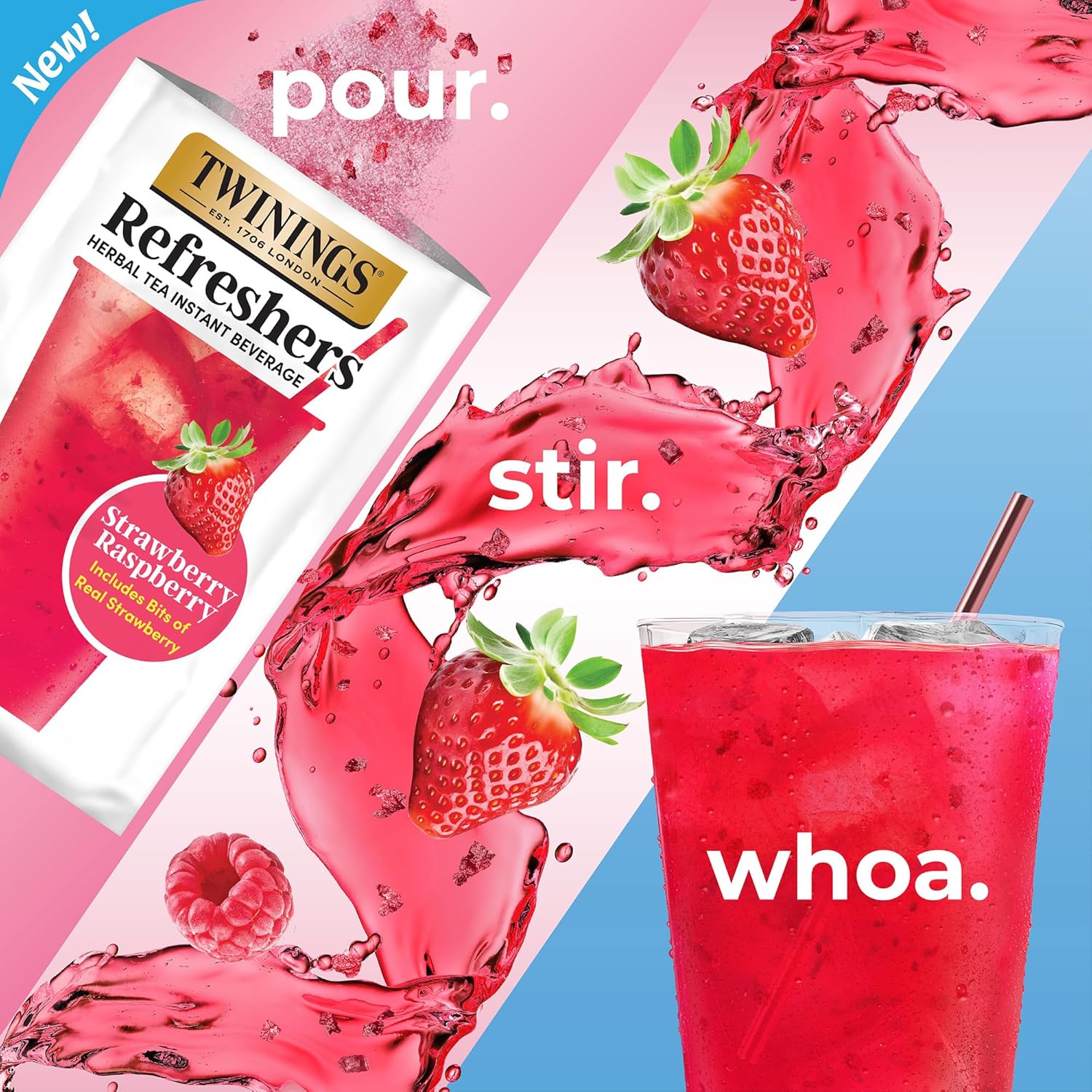 Twinings Herbal Tea Refreshers - Strawberry Raspberry Flavor with Real Fruit Bits | Caffeine-Free, 5 Pack