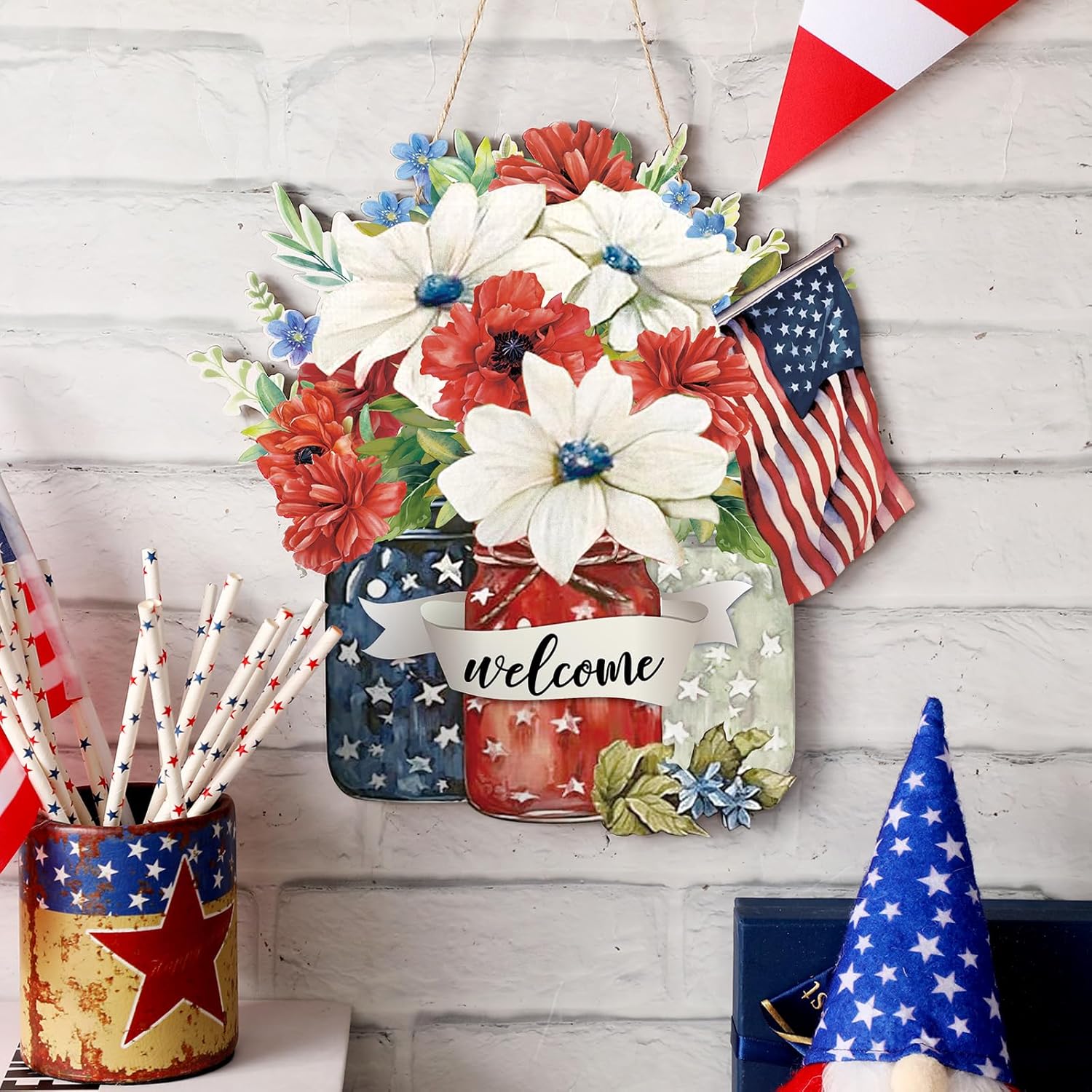 Spiareal Patriotic Wooden Door Decoration - 4th of July Welcome Sign in Red, White & Blue
