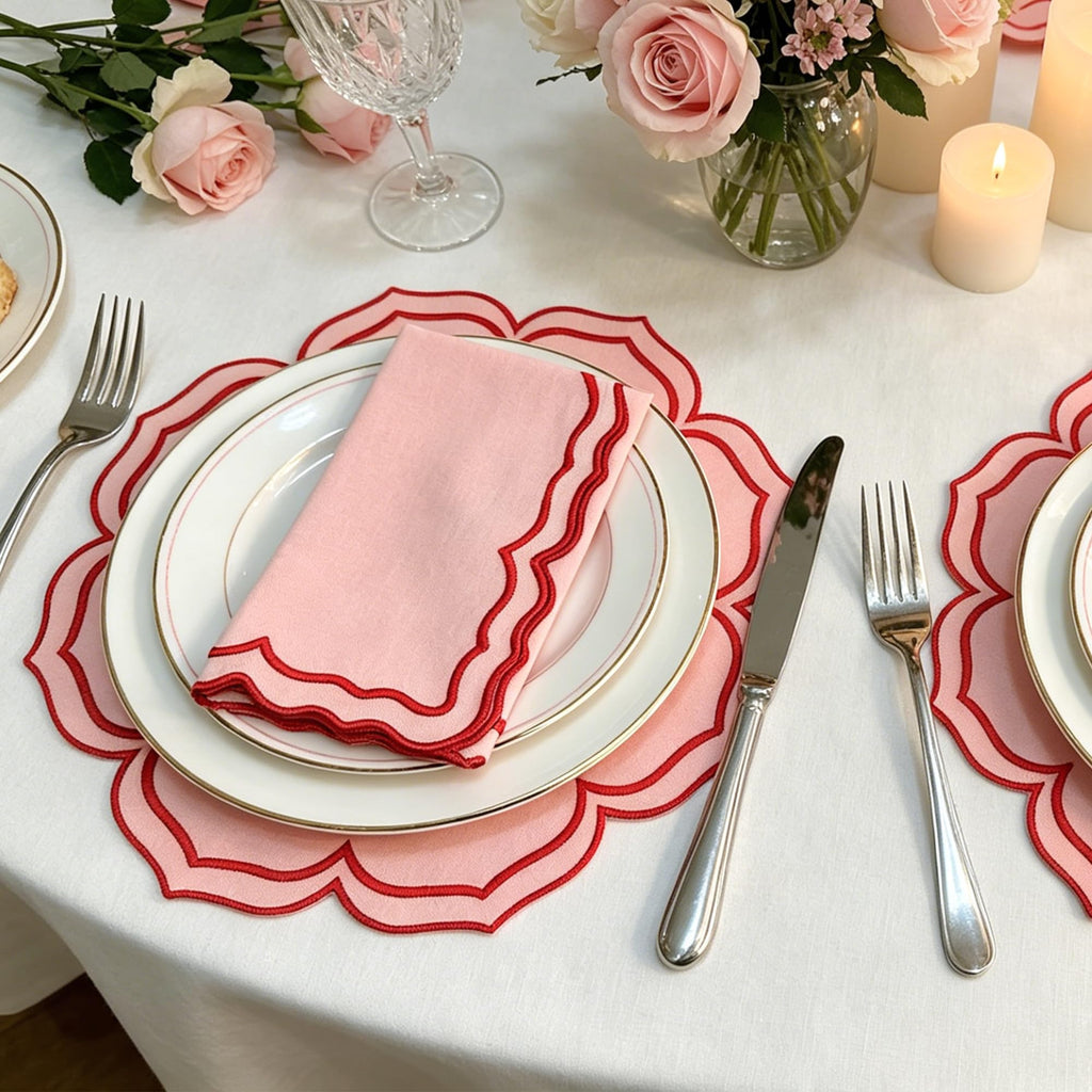 MIKI WELL Scalloped Embroidery Cloth Napkins Set of 4 14"X14" Cotton Napkins for Potluck Party Wedding Table Decor (Square Pink with Red)