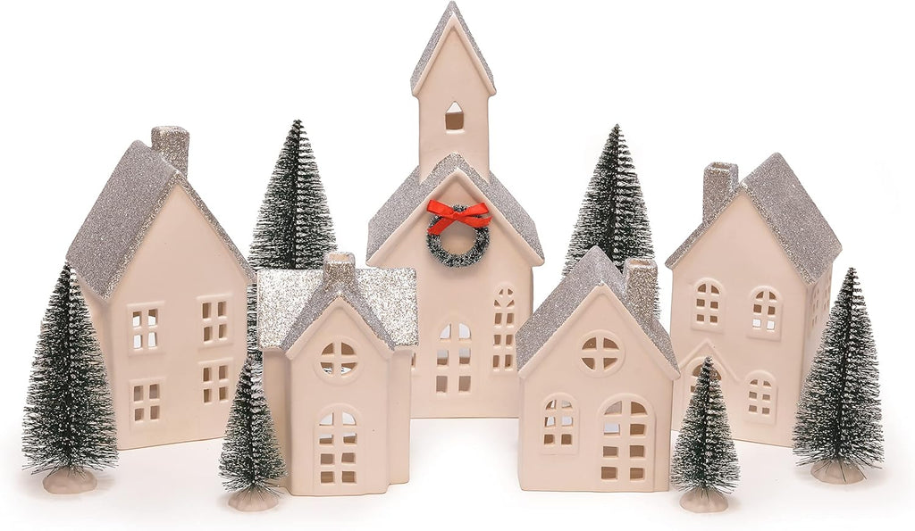 Mark Feldstein & Associates LED Holiday Figurines - Silver Rooftopped Village with Trees | 16-Piece Set, 11 Inch