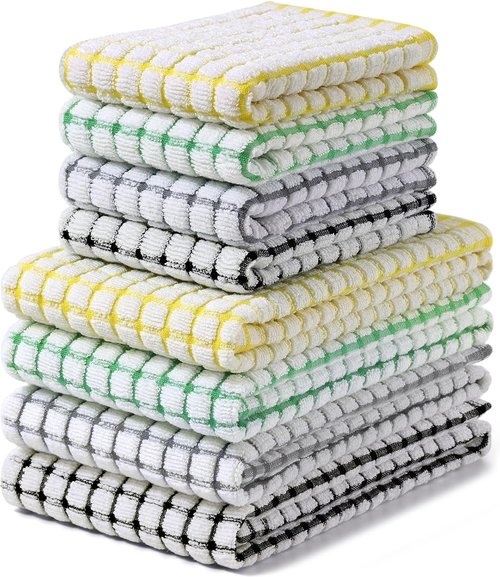 Homaxy Kitchen Towels Set - Super Soft & Absorbent Cotton Dishcloths | 8-Piece, 16"x25" & 12"x12" - Black/Grey/Yellow/Green