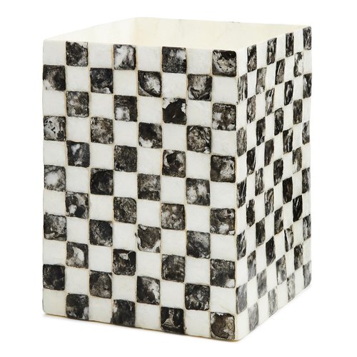 MACKENZIE-CHILDS Capiz Waste Bin, Decorative Bathroom and Bedroom Trash Can, Black-and-White Courtly Check