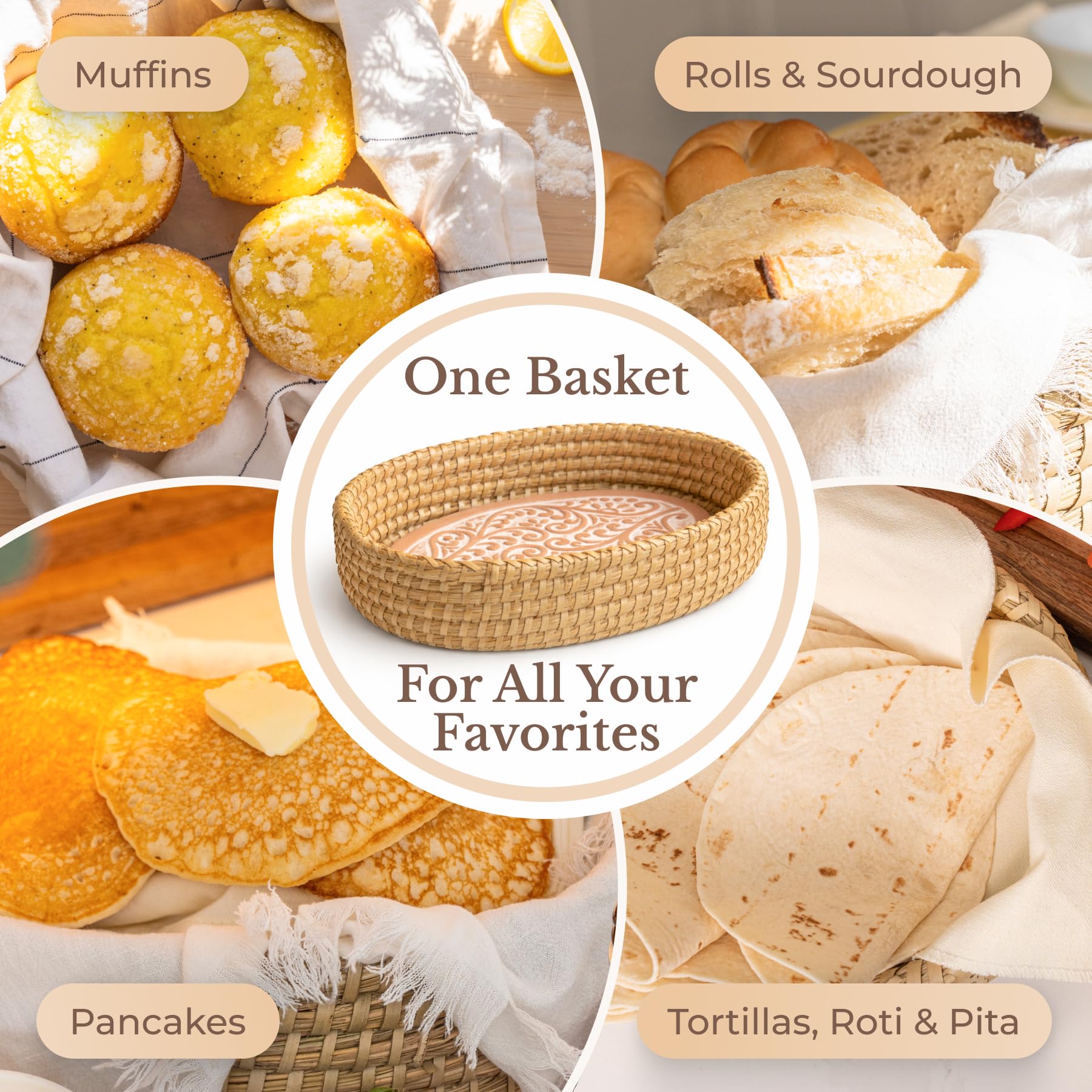 Bread Warmer Basket with Stone - Bread Baskets for Serving Rolls Warming Tortilla, Gift for Bakers Sourdough, Hostess Gifts New Home, Mom Dad Birthday