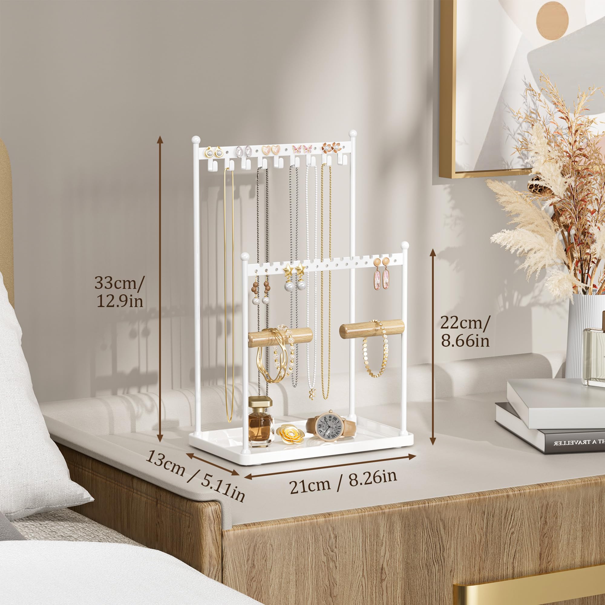 Josmimic 3 Tier white Jewelry Stand, Necklace Organizer, Earring Holder with 44 Holes and 9 Hooks, for Necklaces, Bracelets, Rings