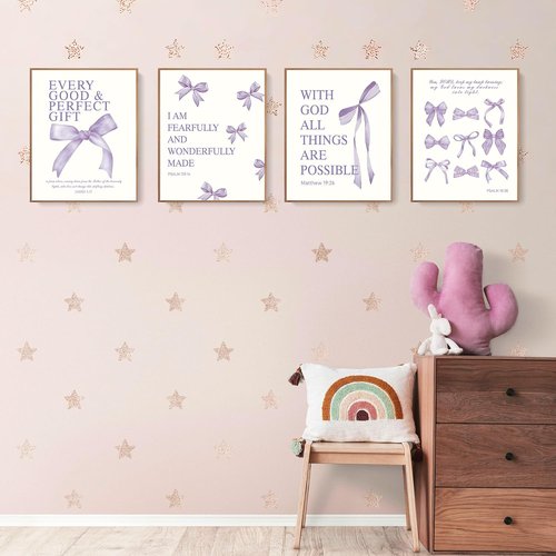 LARTSFRO Coquette Purple Bow Wall Art Decor - Inspirational Bible Verses | Set of 4 Unframed 10x8 Inch Prints for Teen Girls' Rooms