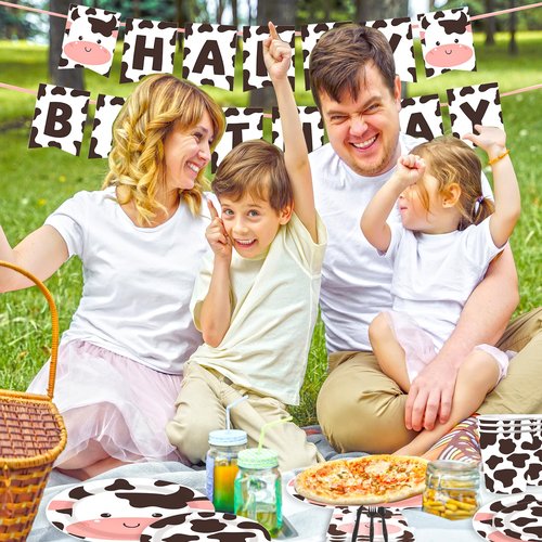 Sveikie 177pcs Cow Theme Birthday Party Decorations Set -cow party cow print plates and napkins, paper cup, Tablecloth, Banner, Black plastic silverware Serves 30