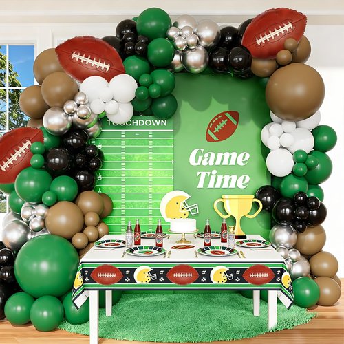 CboDeco Football Balloon Arch Kit, 141PCS Green Brown Black Balloons with Football Foil Balloons for Football Birthday Party Decorations, Touch Down Rugby Super Bowl Party Supplies