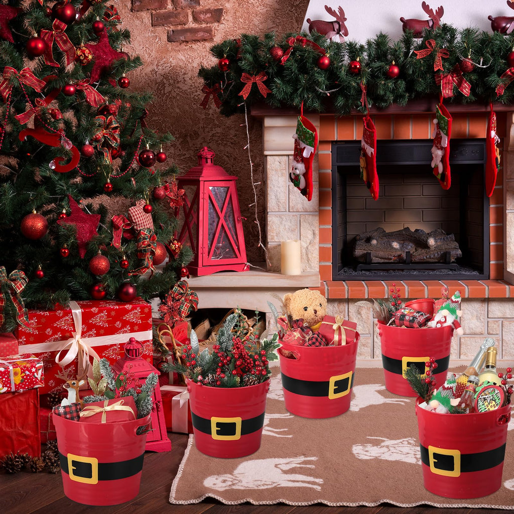 Sliner 8 Pack Empty Christmas Plastic Buckets with Handles Red Santa Belt Round Basket Multi Purpose Container Christmas Decorations Candy Bars Vase Toy Baskets for Christmas Winter