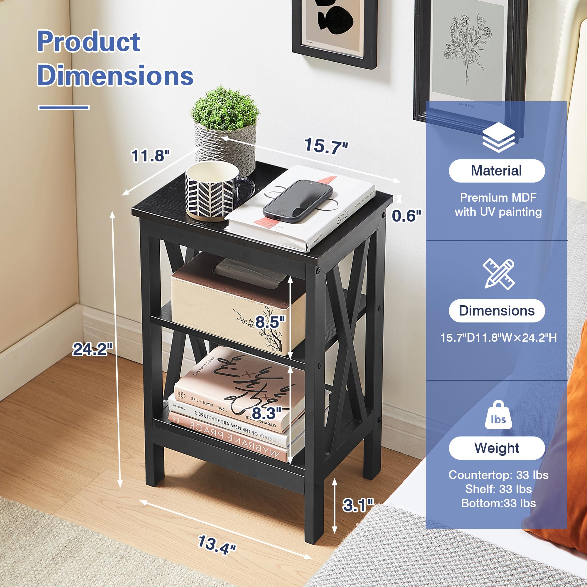VECELO Modern Nightstands X-Design Side End Table Night Stand with Storage Shelf for Bedroom,Living Room,
