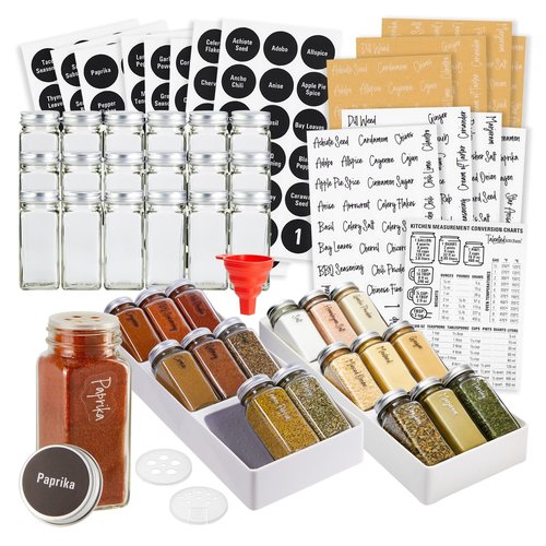 Talented Kitchen Spice Drawer Organizer with Jars and Labels with 18 Empty 4-oz Spice Bottles, 416 Seasoning Labels, 2 Pcs 3-Tier Trays for Drawer (5.9 x 15 In)