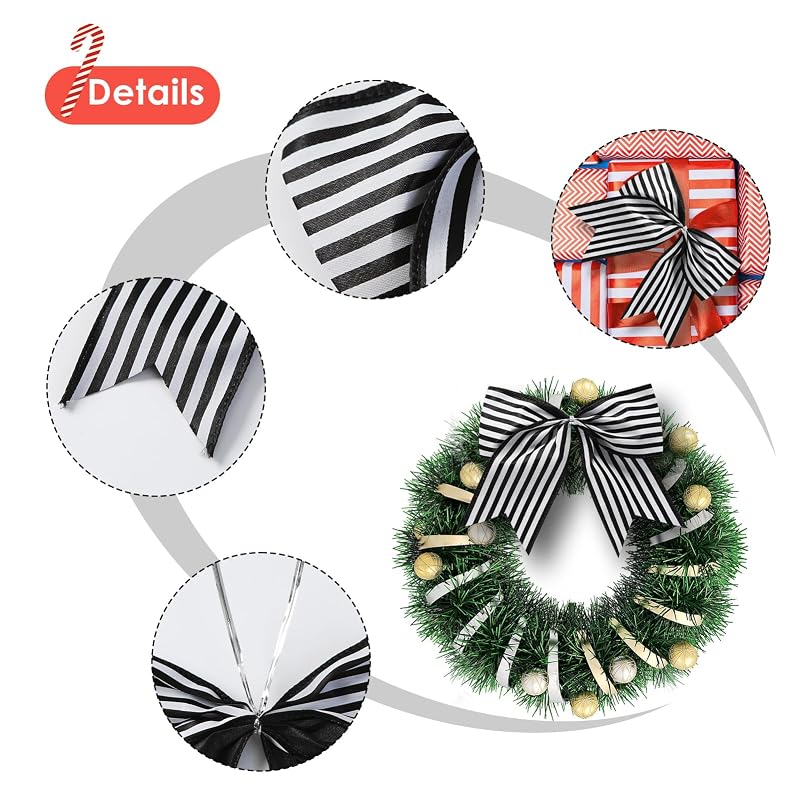 Black & White Christmas Tree Bow Decor 12 Pcs - Large Striped Ribbon Ornaments