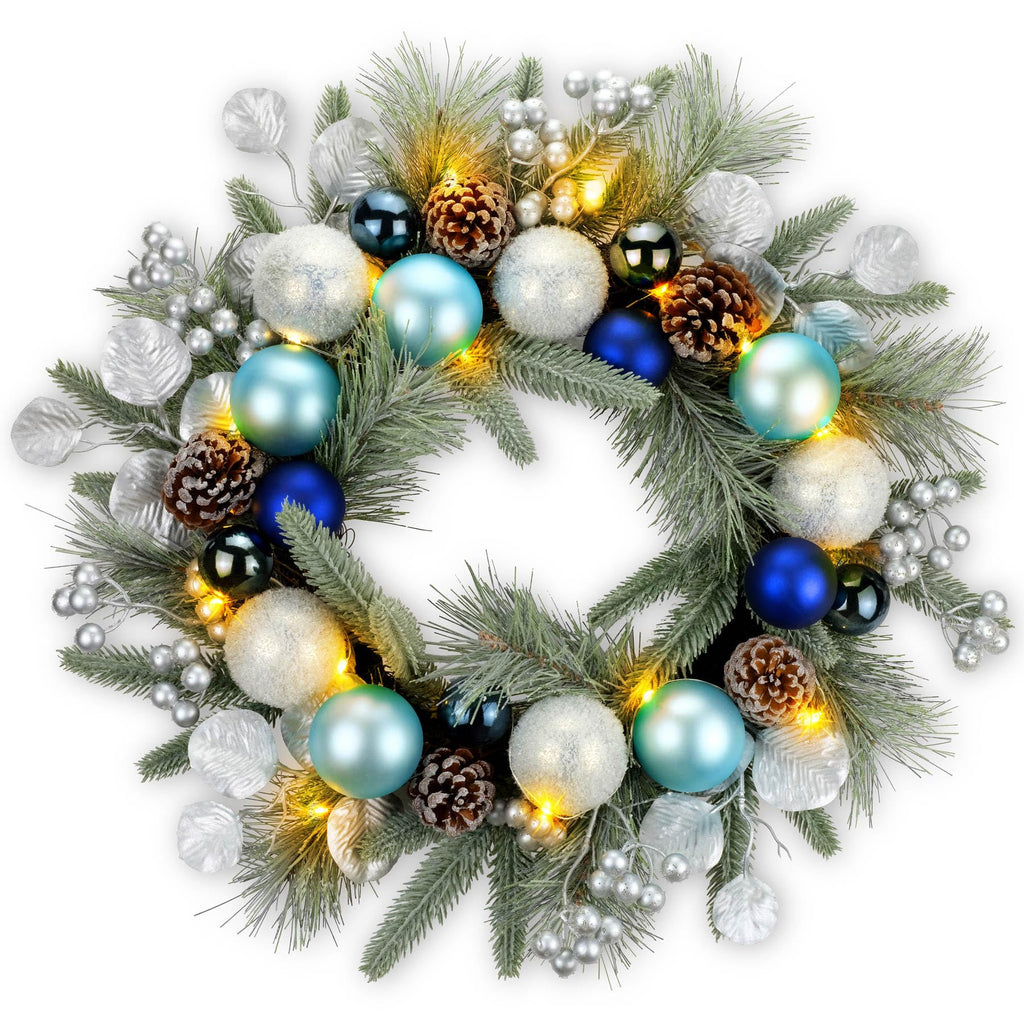 YULETIME 20-inch Christmas Wreath, Battery Operated Holiday Wreath with 20 Fairy Lights, Blue Baubles, Silvery Berries, Pine Cones, Silvery Leaves, Frosted Spruce Branches and Pine Needles (Blue)