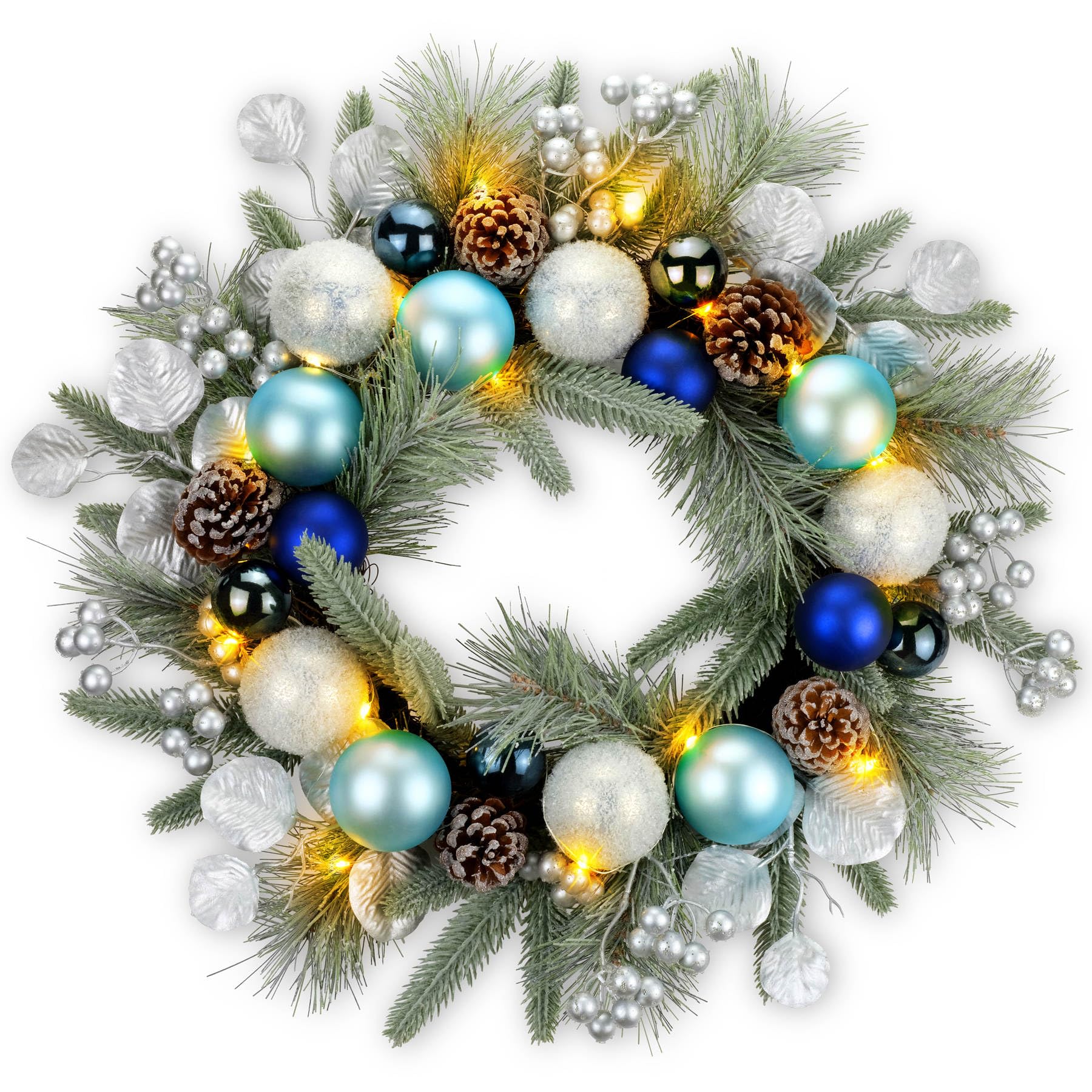 YULETIME 20-inch Christmas Wreath, Battery Operated Holiday Wreath with 20 Fairy Lights, Blue Baubles, Silvery Berries, Pine Cones, Silvery Leaves, Frosted Spruce Branches and Pine Needles (Blue)