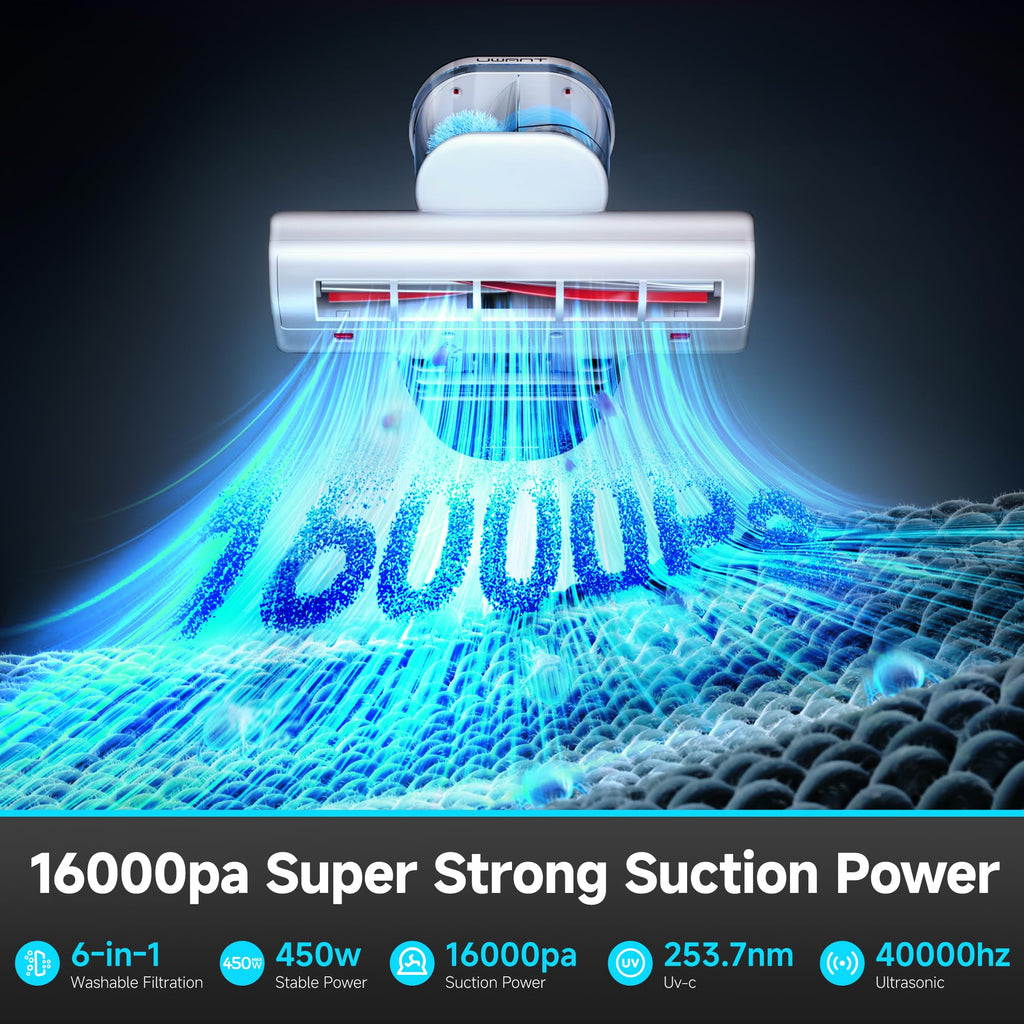 uwant Mattress Vacuum Cleaner, 16Kpa 450W Bed Vacuum Cleaner with 253.7nm UV-C Light, 149°F Heat, 36000 RPM/Min Tapping，HEPA Filter & Ultrasonic, Handheld Vacuums for Bed, Sofa, Couch, Crib