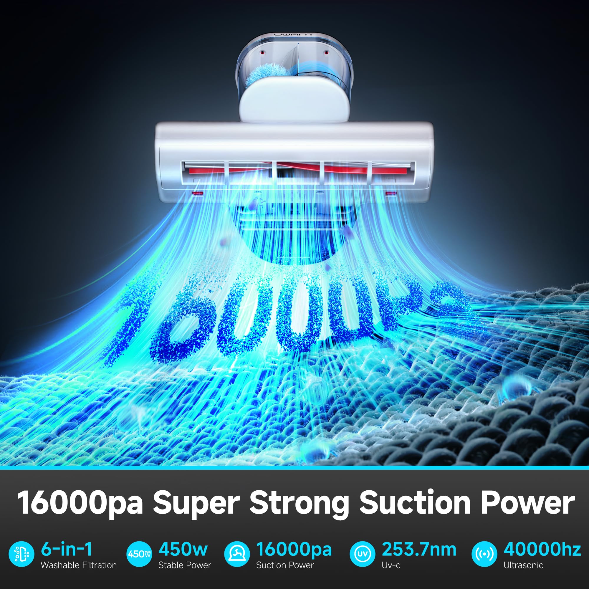 uwant Mattress Vacuum Cleaner, 16Kpa 450W Bed Vacuum Cleaner with 253.7nm UV-C Light, 149°F Heat, 36000 RPM/Min Tapping，HEPA Filter & Ultrasonic, Handheld Vacuums for Bed, Sofa, Couch, Crib