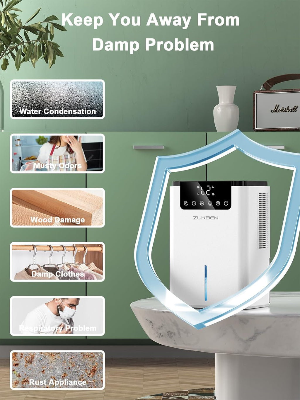 Skiennix Dehumidifier - 75 OZ Water Tank, Quiet 500 sq.ft Home & RV Dehumidifier with 12H Timer & LED Light