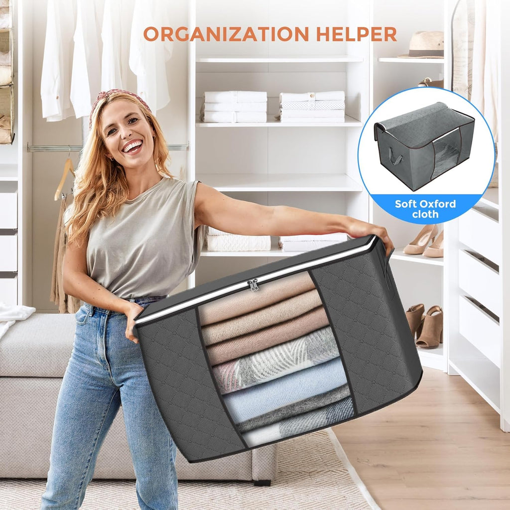 Skiennix 90L Large Storage Bags - 6 Pack Foldable Closet Organizers with Reinforced Handles | Gray