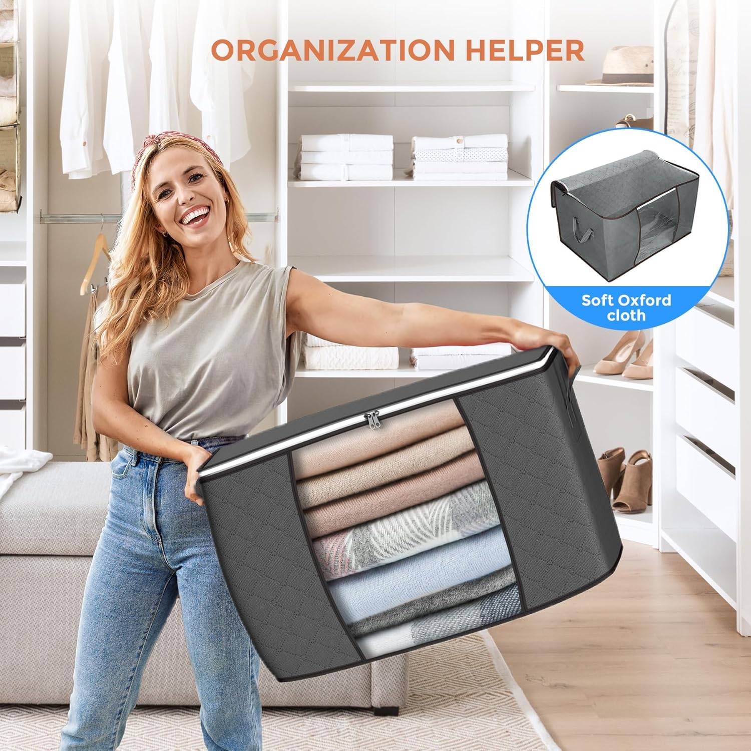Skiennix 90L Large Storage Bags - 6 Pack Foldable Closet Organizers with Reinforced Handles | Gray