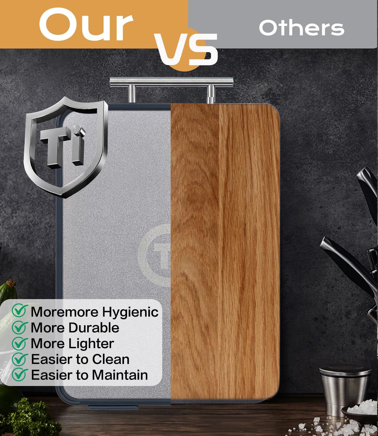 Titanium Cutting Board - Double-Sided Food-Grade Board with Stand | Textured Titanium for Meat & PP for Veggies (14.5” x 11”)