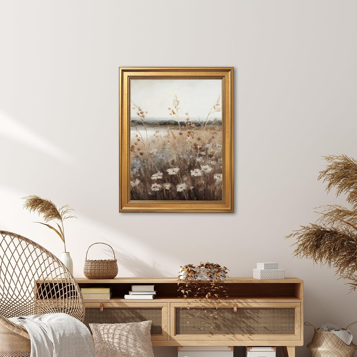 Vintage Meadow Wall Art Canvas Print - Rustic Wildflower Landscape Painting | 12x16 Inch Bronze Framed Decor
