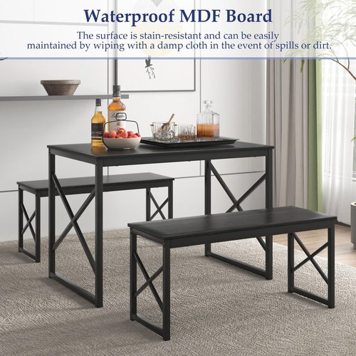 VECELO Kitchen Dining Table Benches Set for 4, 43.3" Wooden Dinette with 2 Benches, Heavy-Duty Dining Room Table for Small Space, Breakfast Nook, Black
