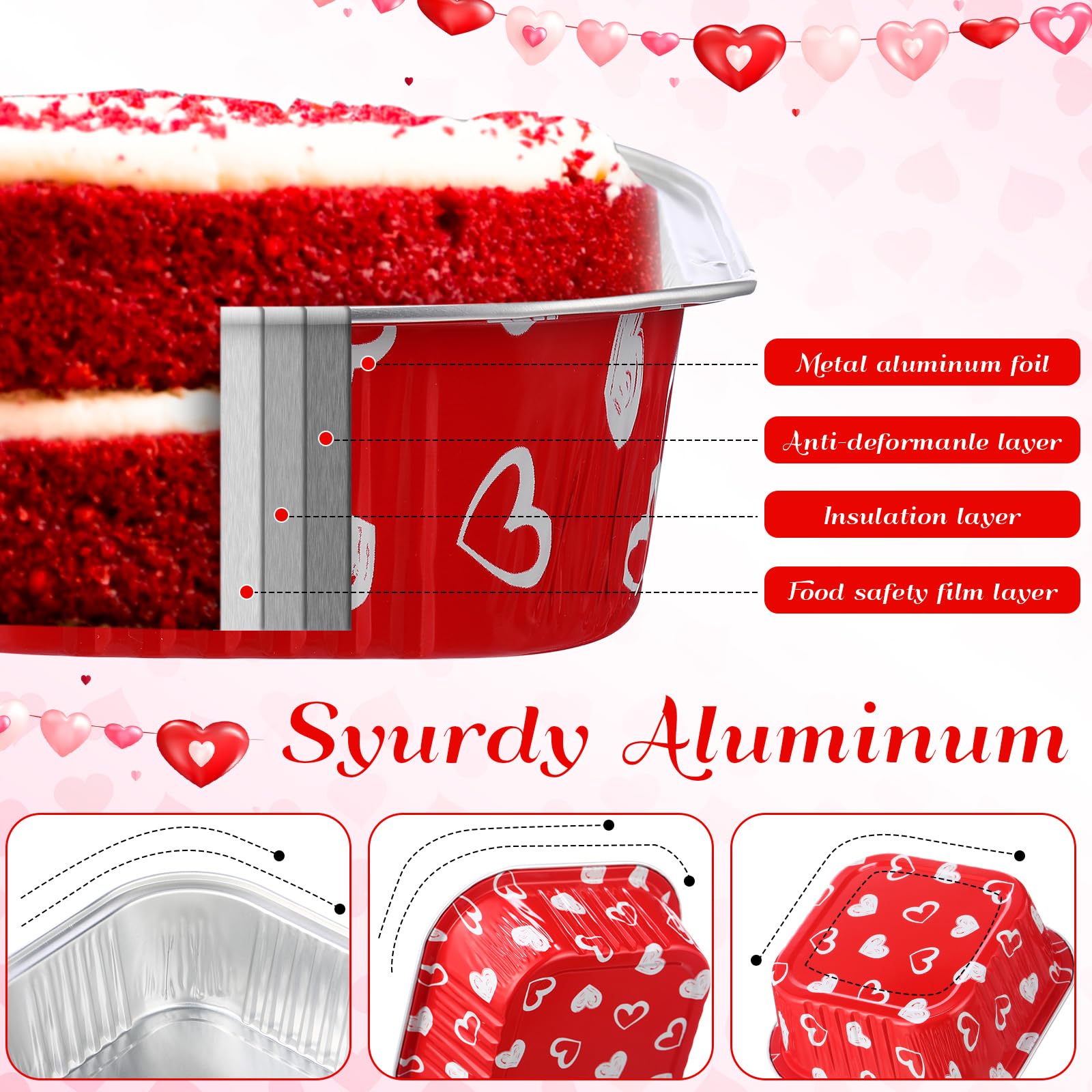 Jingmore 100 Pcs Heart Square Baking Pans with Lids 10oz Aluminum Foil Disposable Cupcake Cake Pans Baking Cups Individual Tin Dessert Containers for Wedding Birthday Party(Heart,Red)