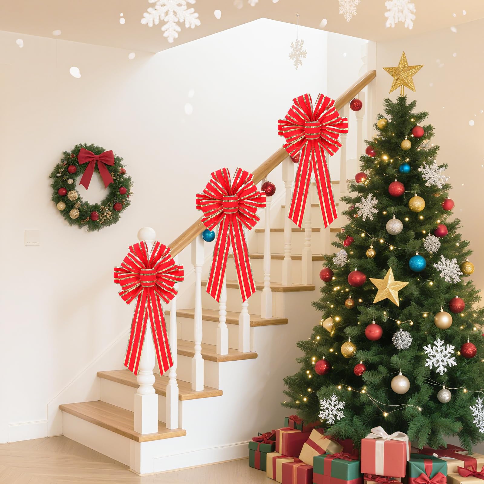 RoseCraft 2PCS Red/Gold Christmas Bow, 9”x13” Large Velvet Christmas Tree Topper Bow Ornaments for Home Xmas Tree Wreath Fence Stairs Railing Fireplace Front Door Party Valentine's Day Decoration.