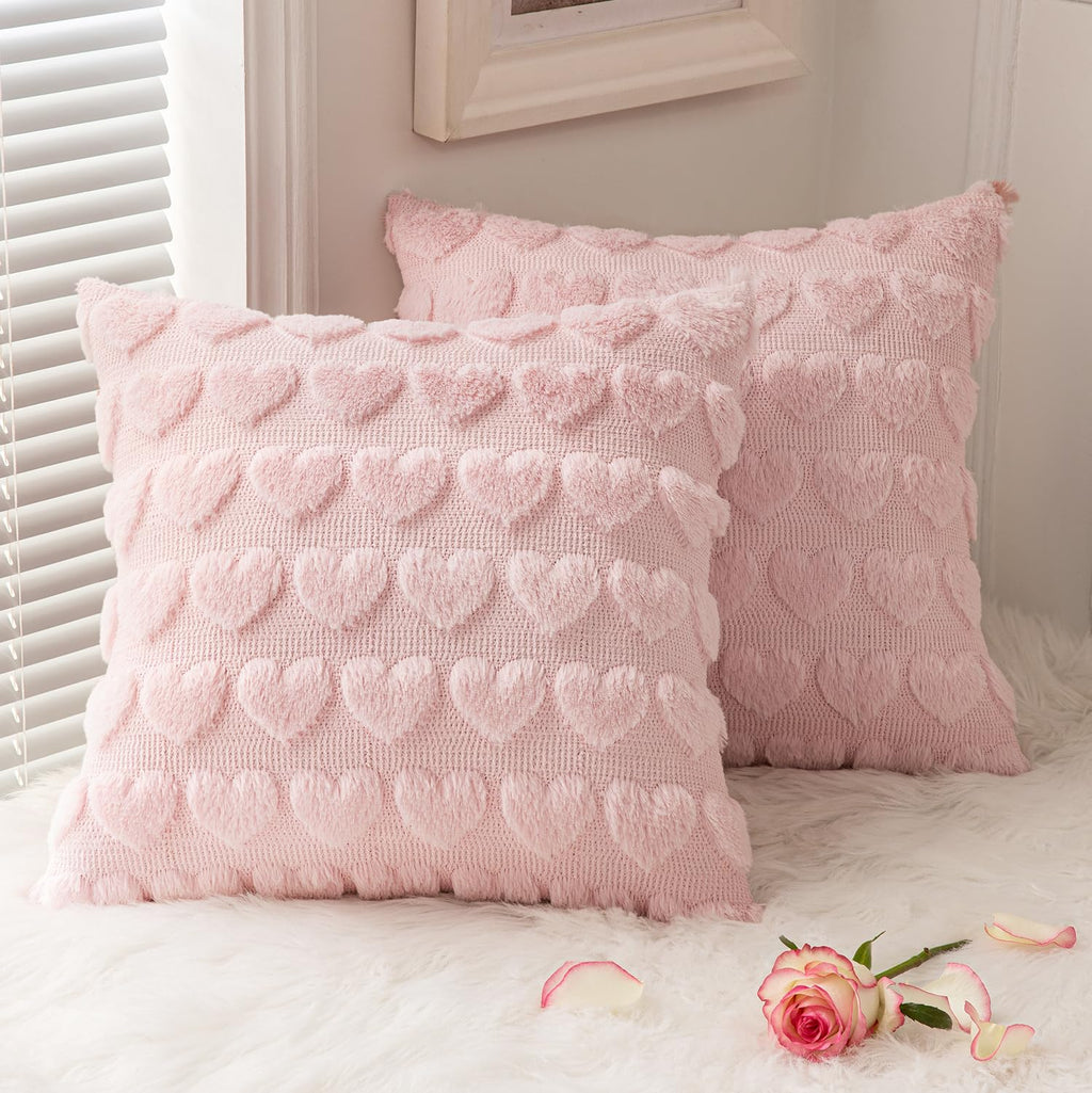 MIULEE Valentines Pillow Covers 18x18 Inch Set of 2 Valentines Day Light Pink Heart Love Decorative Cute Soft Plush Faux Fur Throw Pillows for Girl Bedroom Couch Sofa Holiday Home Decor