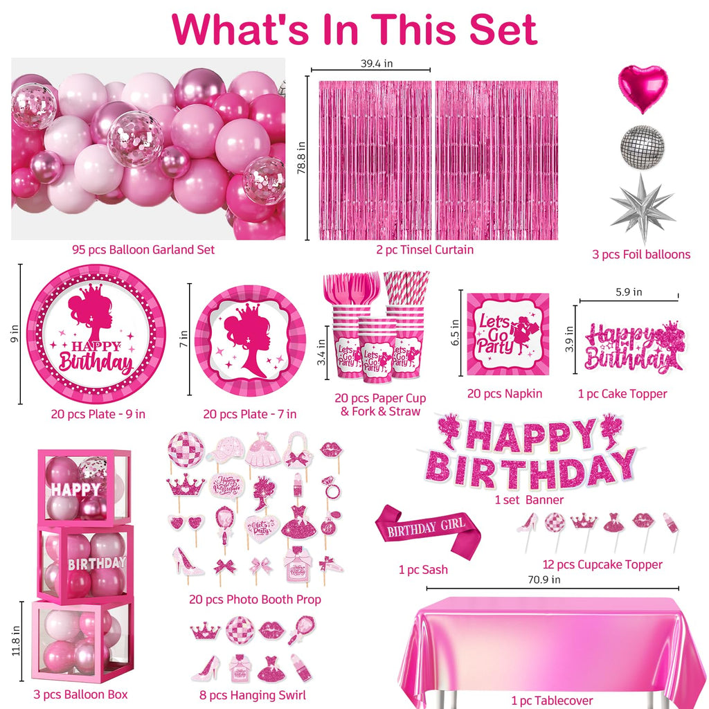 276PCS Hot Pink Birthday decorations Tableware Set Serve 20 Guests, Glitter Happy Birthday Banners, Hanging Swirls, Backdrops, Foil Balloons, Tableware Set, Photo Props for Girls