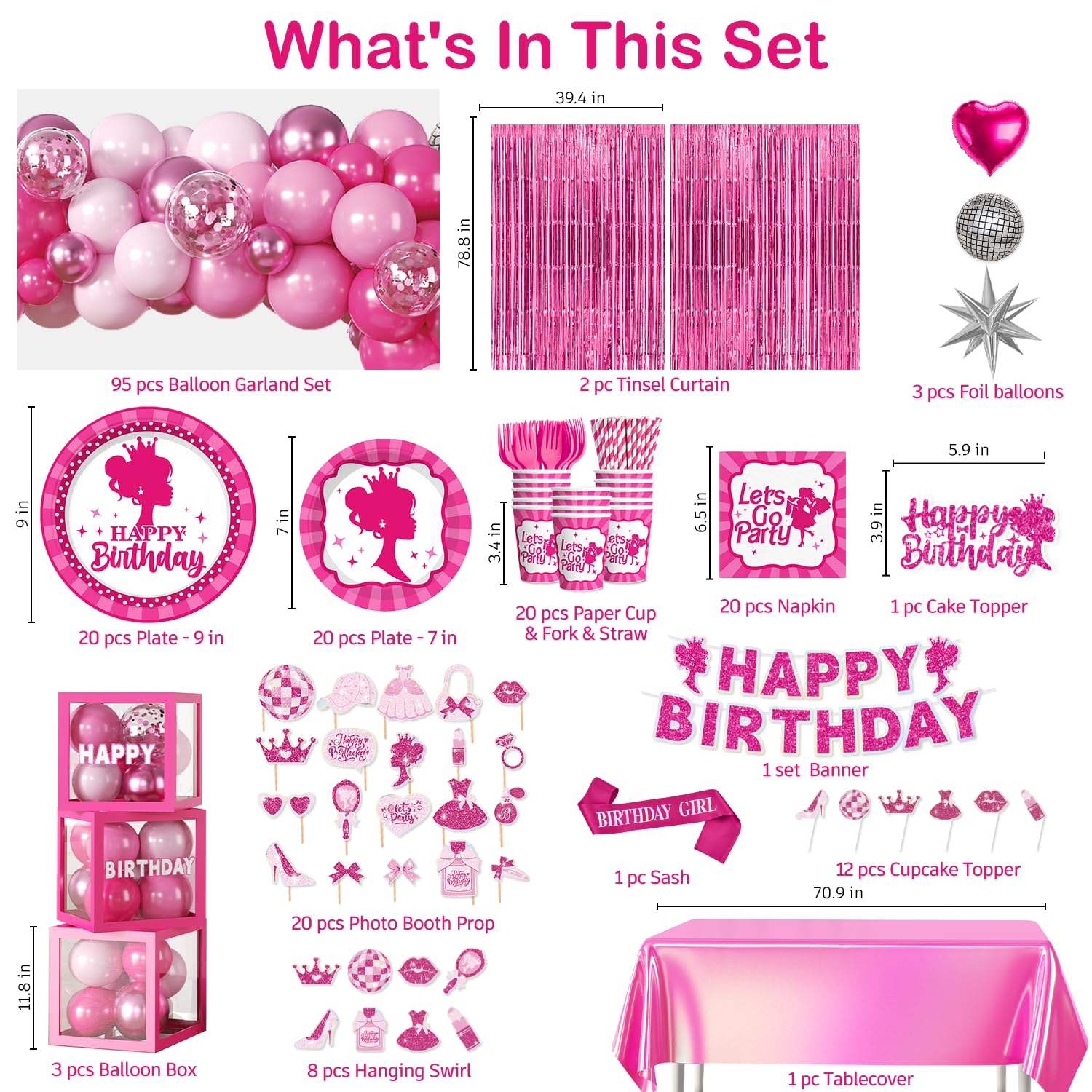 276PCS Hot Pink Birthday decorations Tableware Set Serve 20 Guests, Glitter Happy Birthday Banners, Hanging Swirls, Backdrops, Foil Balloons, Tableware Set, Photo Props for Girls