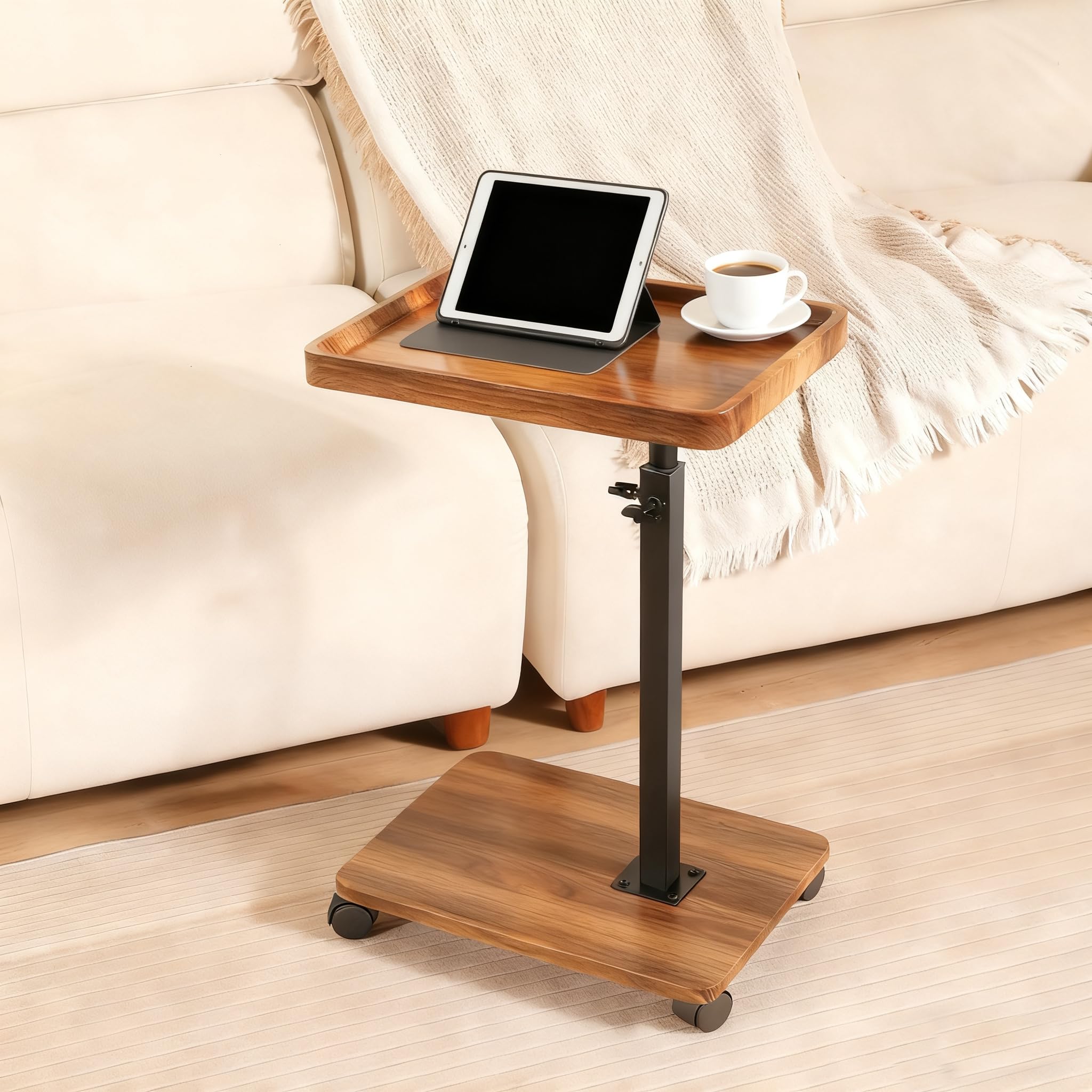 Adjustable Height Couch Tables that Slide Under Sofa, 360° Swivel Modern Tv Tray Table with Wheel, C Shaped End Table for Couch, C Table for Small Place, Perfect for Livingroom, Bedroom