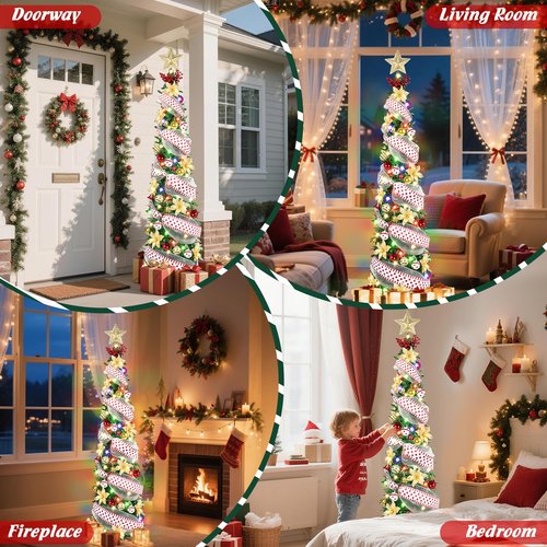 6Ft Prelit Pop Up Pencil Christmas Tree Decorations, Collapsible Artificial Christmas Tree with Lights, Foldable Pre Decorated with Ribbon Ornaments, Indoor Home Holiday Party Christmas Decorations