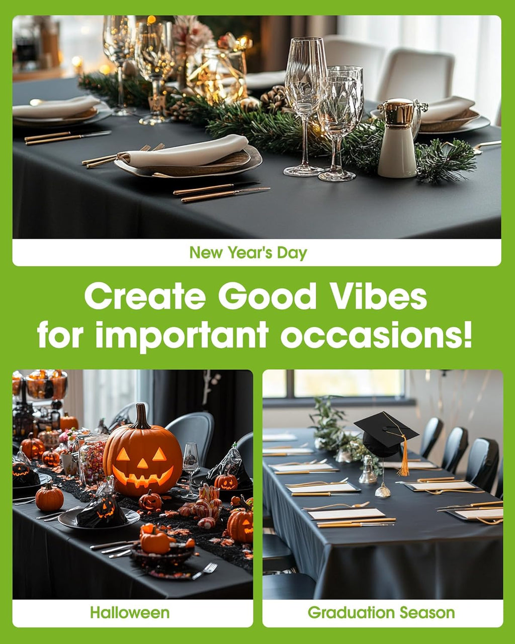 Pureegg Disposable Plastic Table Cloths - 10 Pack, 54 x 108 Inch, Sturdy Black Halloween Decor