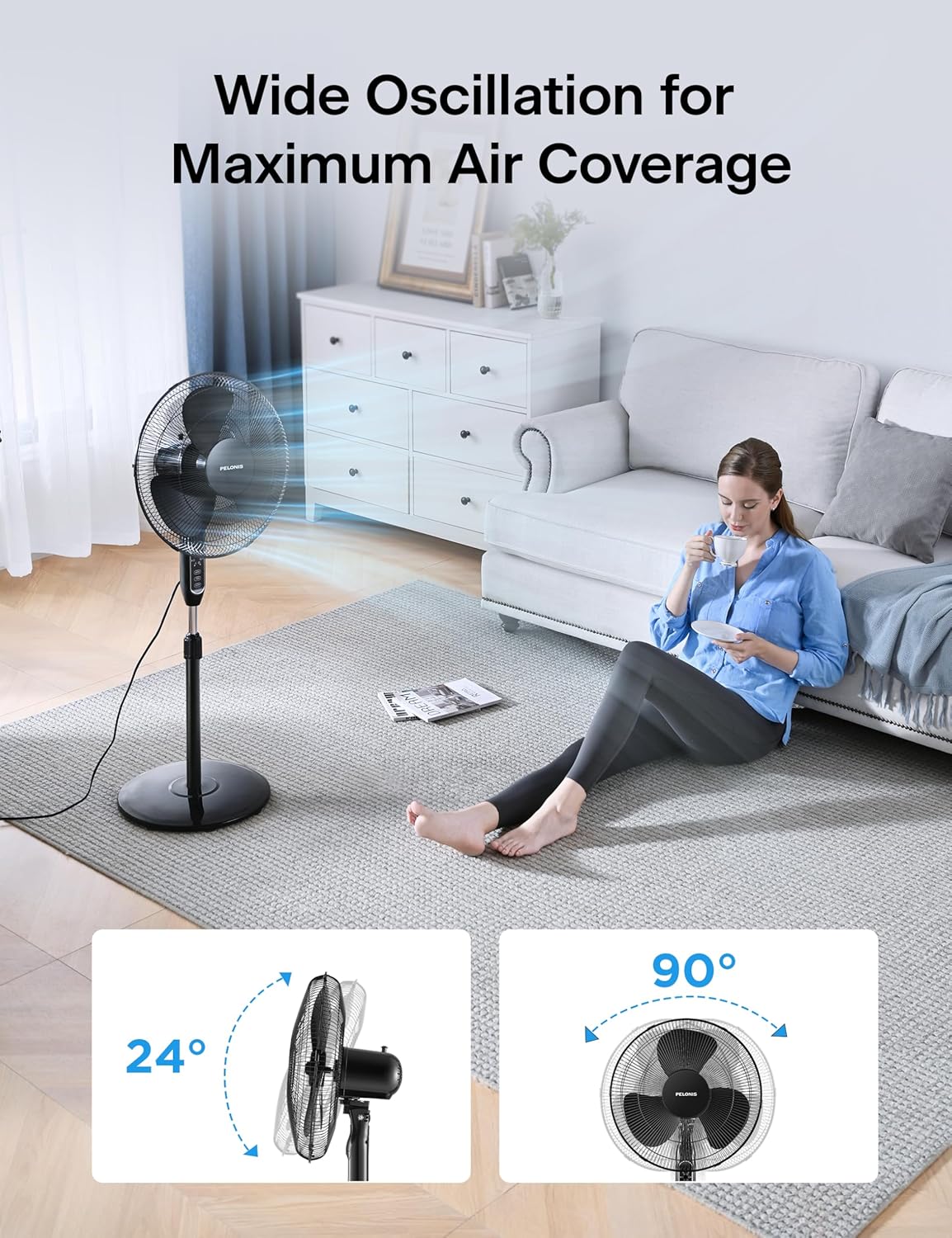 PELONIS 16'' Pedestal Fan - Remote-Controlled, 90° Oscillation, Adjustable Height | Ideal for Bedroom & Office Cooling