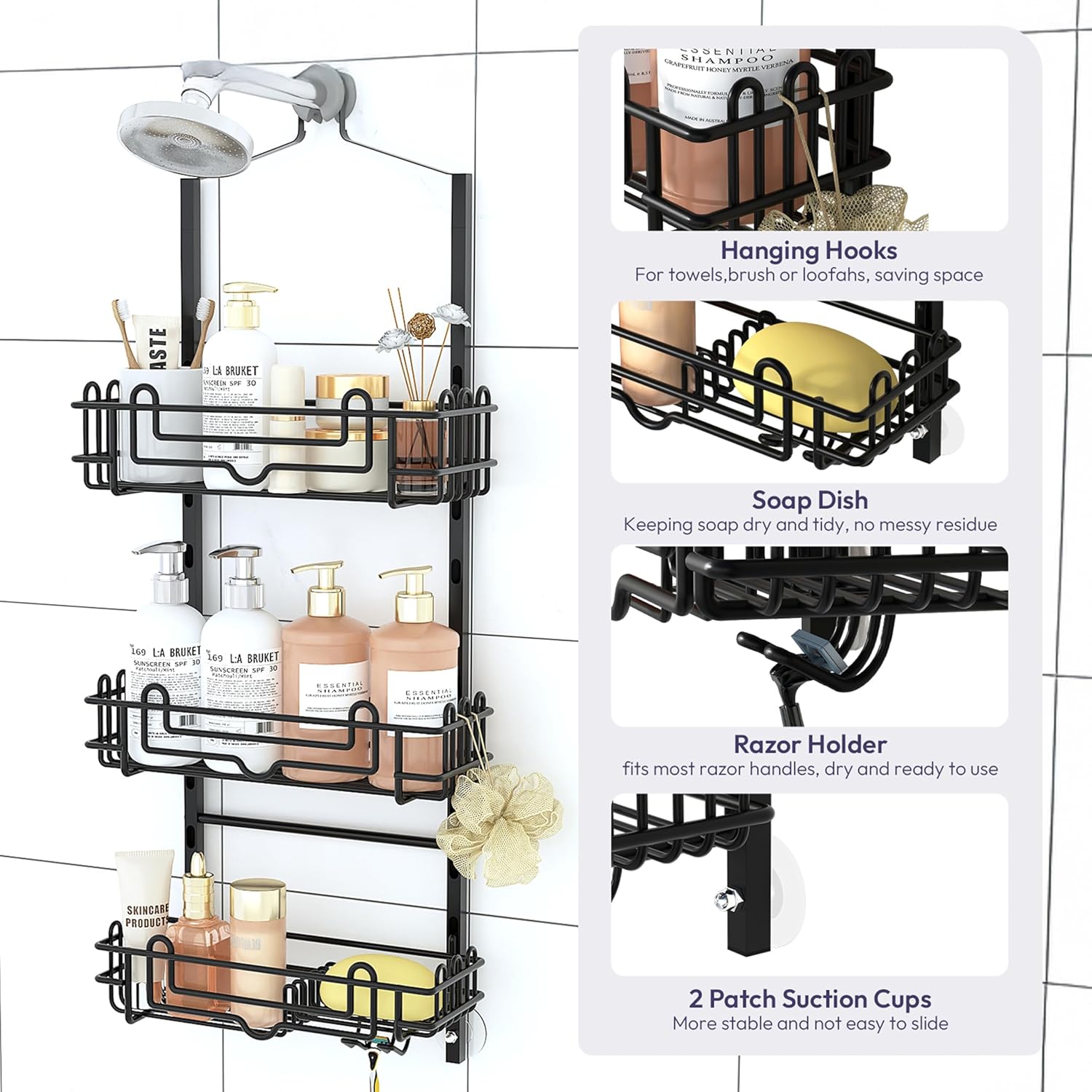 SWTYMIKI Shower Caddy - 3-Tier Rustproof Organizer with Adjustable Baskets & Hooks | No Drill, Black