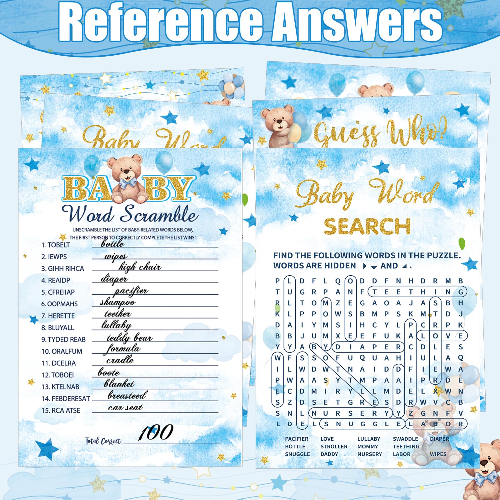 Funnymoom 426 Pcs Blue Theme Bear Baby Shower Decorations Games Set-8 Games Includes Bearly Wait Baby Shower Decorations Bingo Prediction and Advice How Big is Mommy's Belly Don't Say The Words