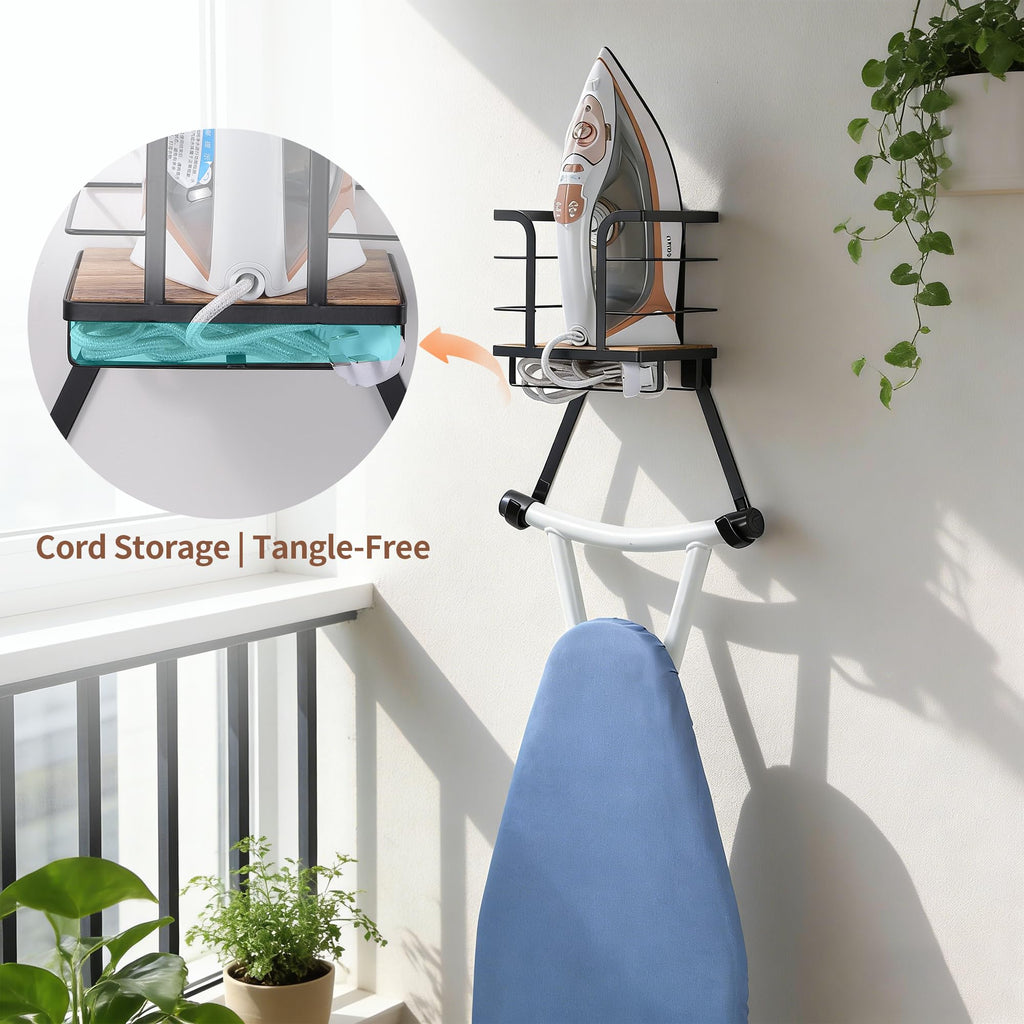 Over The Door & Wall Mount Ironing Board Hanger Wooden & Metal Laundry Room Organizer, Anti-Slip Fence Design, Fits T/Y-Leg Ironing Boards for Iron Steamer Pressing Accessories