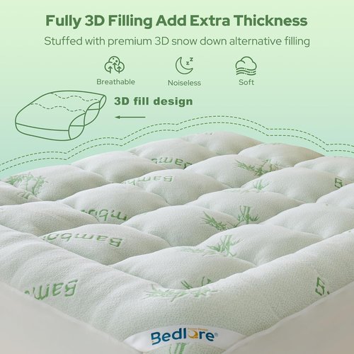BEDLORE Full Size Mattress Topper - Thick Bamboo Viscose Pillow Top for 6"-15" Mattresses | Breathable Comfort & Back Pain Relief