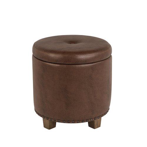 Homepop Home Decor | Upholstered Round Storage Ottoman with Nailheads| Ottoman with Storage for Living Room & Bedroom, Brown Faux Leather
