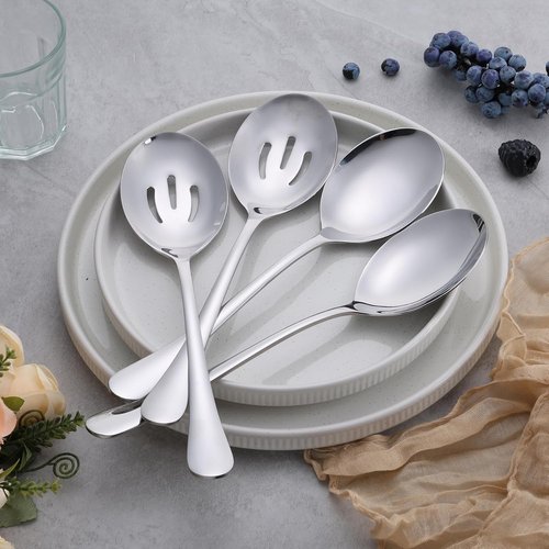 E-far Large Serving Spoons Set - 4 Stainless Steel Utensils for Buffet & Catering | Dishwasher Safe, 9.8 Inch