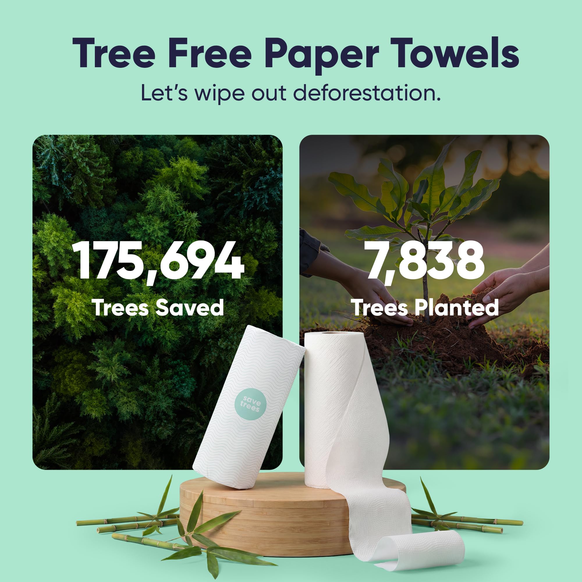 Save Trees Bamboo Paper Towels 12pk - 1800 Sheets Paper Towel Rolls Ultra Absorbent & Durable EcoTowels - FSC-Certified, Vegan Bamboo Kitchen Rolls