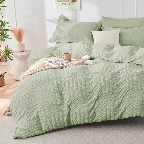 HYMOKEGE Queen Comforter Set - Light Green Seersucker 7-Piece Luxury Bedding Set for All Seasons