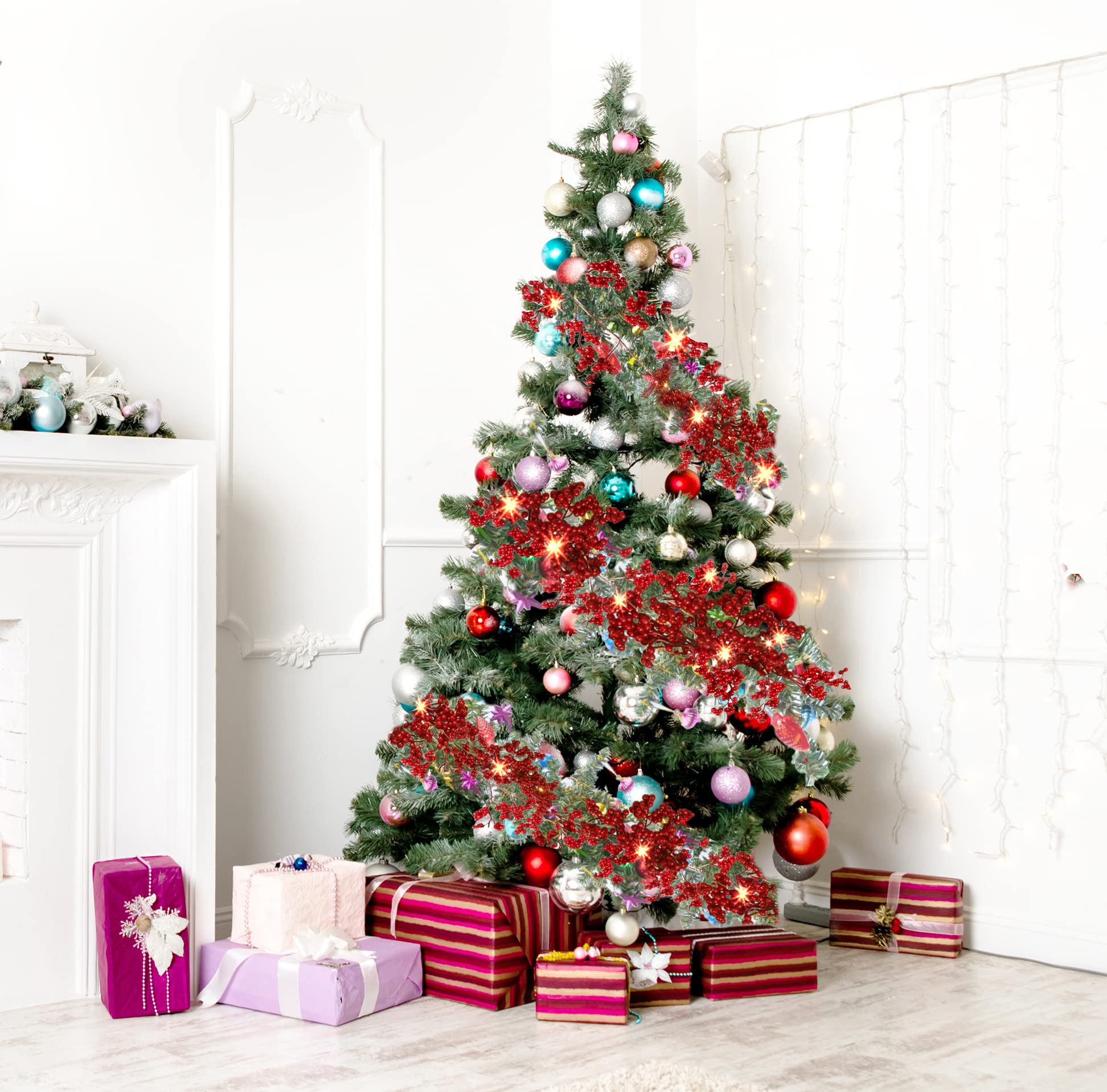 Sggvecsy Red Berry Garland Lighted Burgundy Berry Christmas Garland Artificial 6Ft for Christmas Winter Holiday Fireplace Mantel Table New Year Indoor Outdoor Decoration