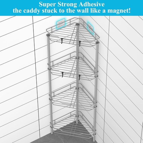 HuggieGems Corner Shower Caddy Organizer - 4 Tier Floor Standing Shelf with Hooks | Gray Bathroom Storage