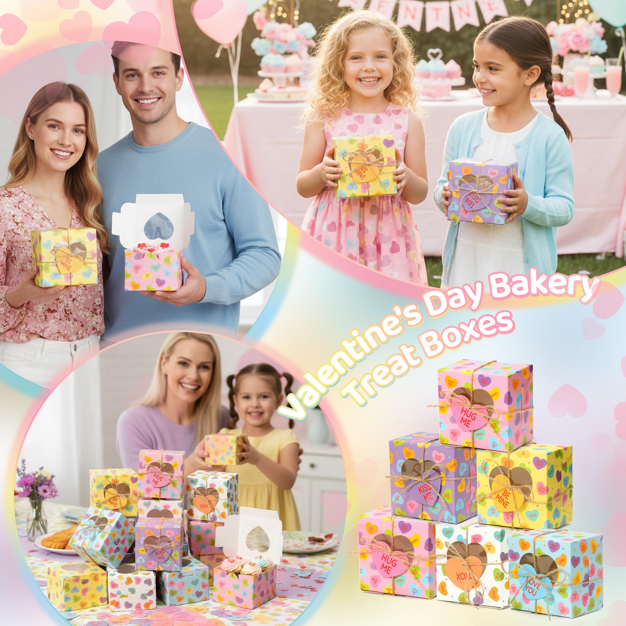 R HORSE 50Pcs Valentine's Day Bakery Treat Boxes, Valentines Candy Cookie Boxes with Heart Window, Cupcake Containers with Heart Shaped Cards for Cupcakes Donuts Chocolates Cookie Party Favor Supplies