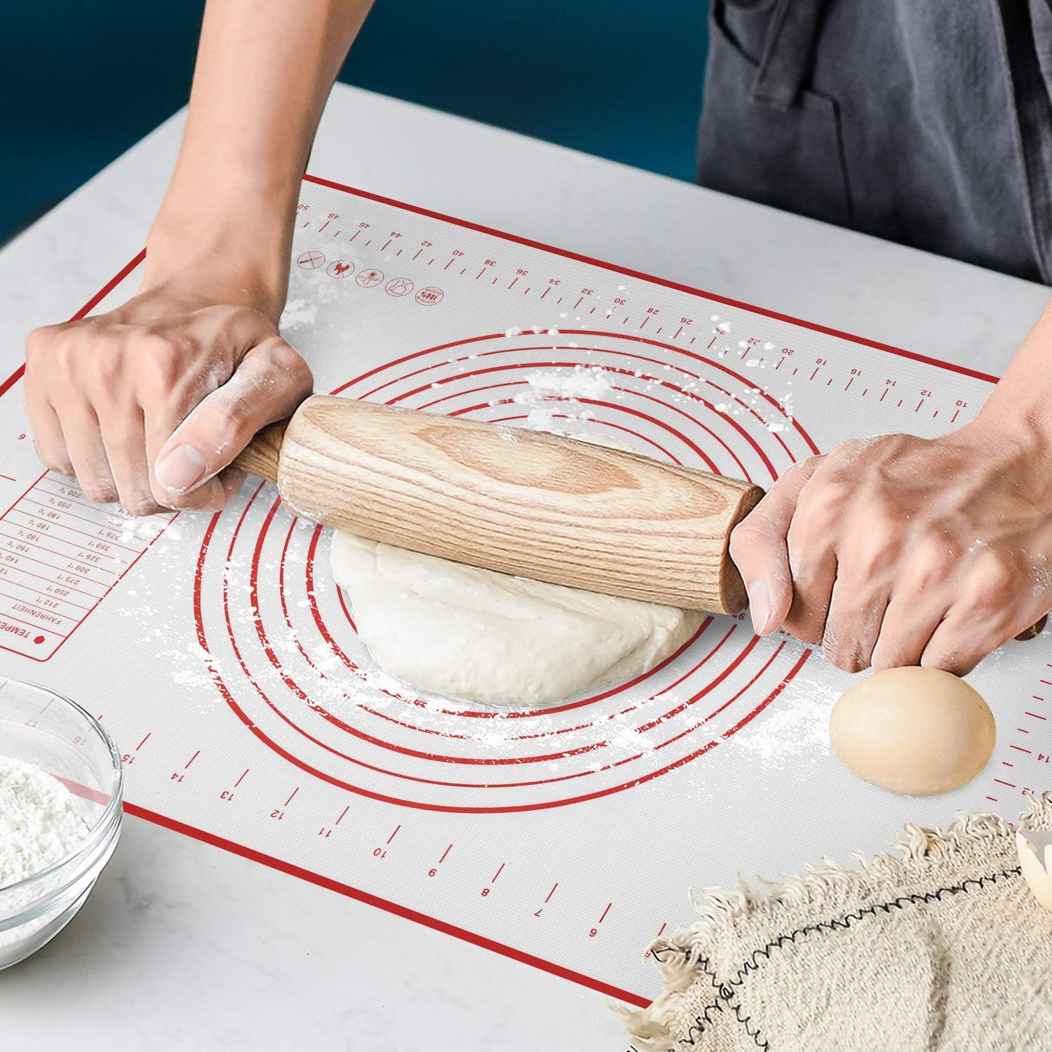 Skiennix Silicone Baking Mat - Non-Slip Pastry Mat with Measurements - BPA-Free, 24 x 16 Inches, Red | Includes Dough Scraper